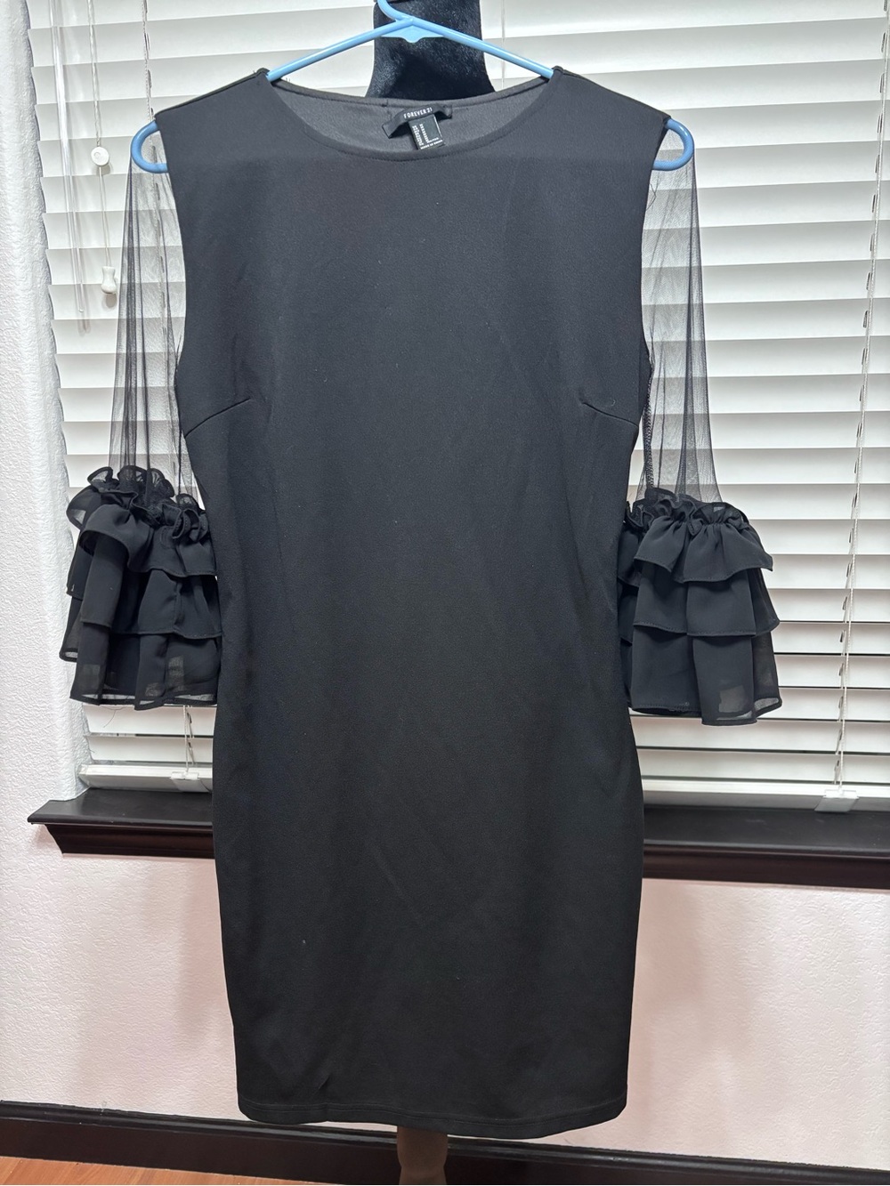 Forever 21 Black Sheath Dress with Ruffled Mesh Sleeves